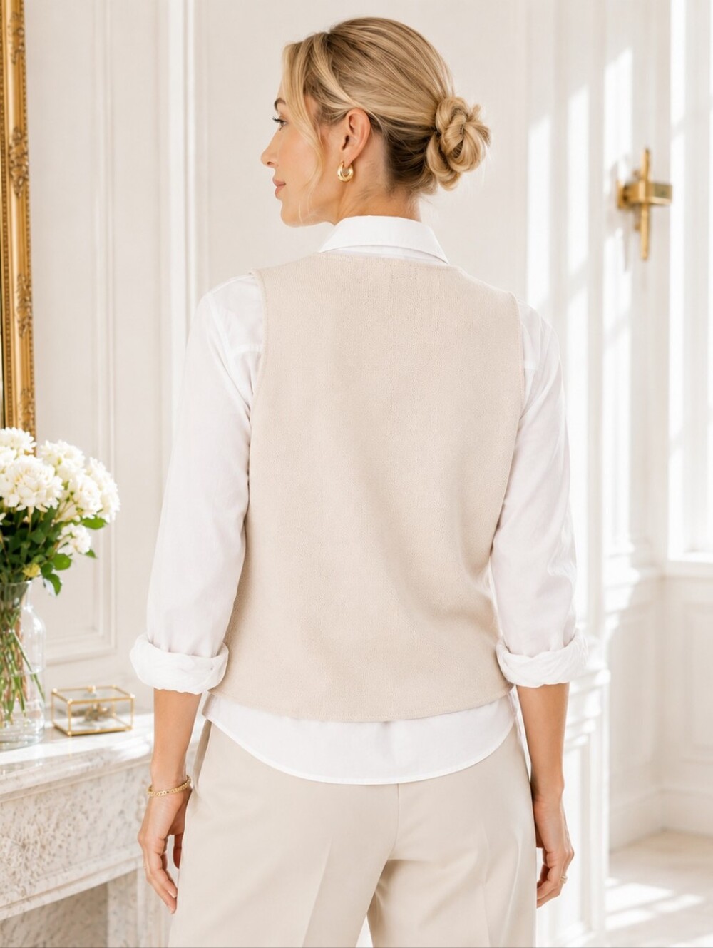 Rachel Zoe Cream Knit Sweater Vest Medium | Gold Button Sleeveless Quiet Luxury - Picture 3 of 9